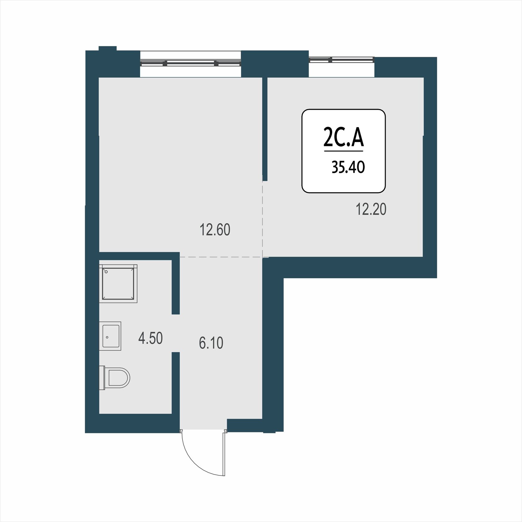 Планировка: 2-комнатные апартаменты-студия, 35,4 м²