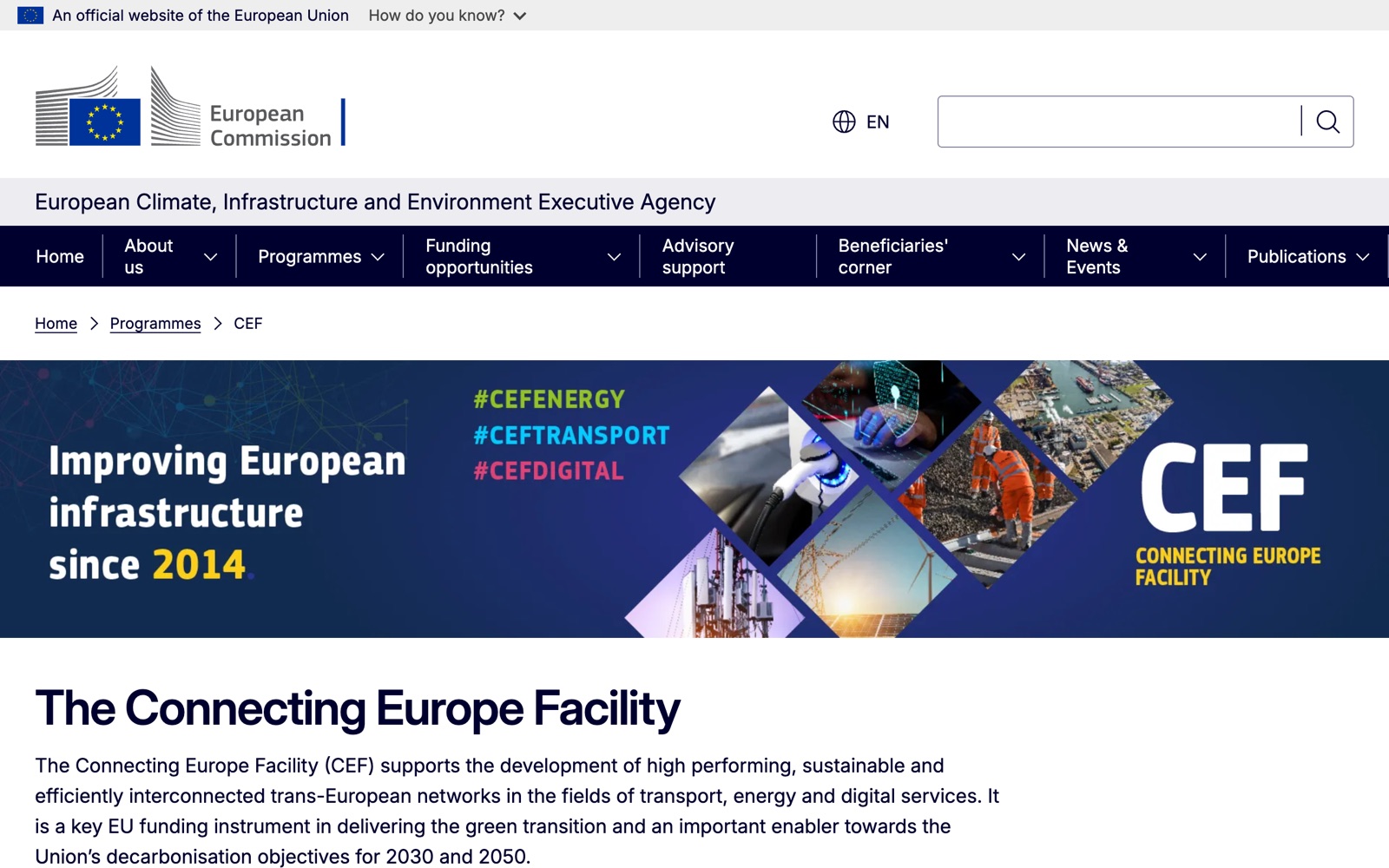 Connecting Europe Facility official page screenshot: CINEA page on EU funding for transport, energy and digital networks