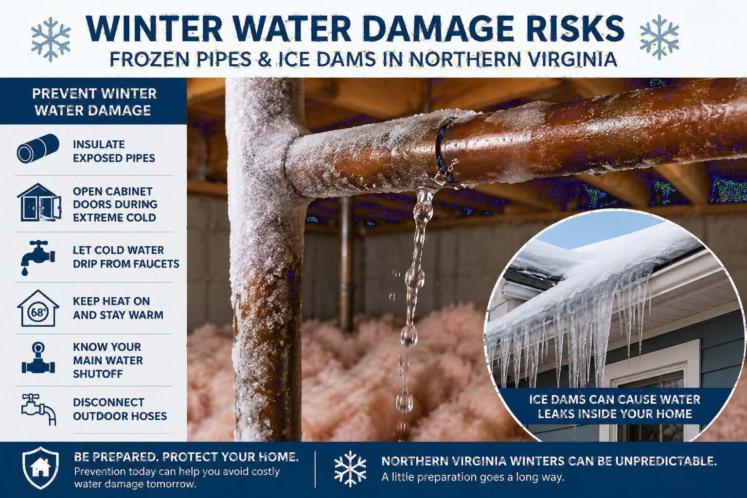 Winter water damage risks infographic showing frozen pipe leak ice dams on roof pipe insulation open cabinet doors dripping faucets main water shutoff and frozen pipe water damage prevention tips for Northern Virginia homes