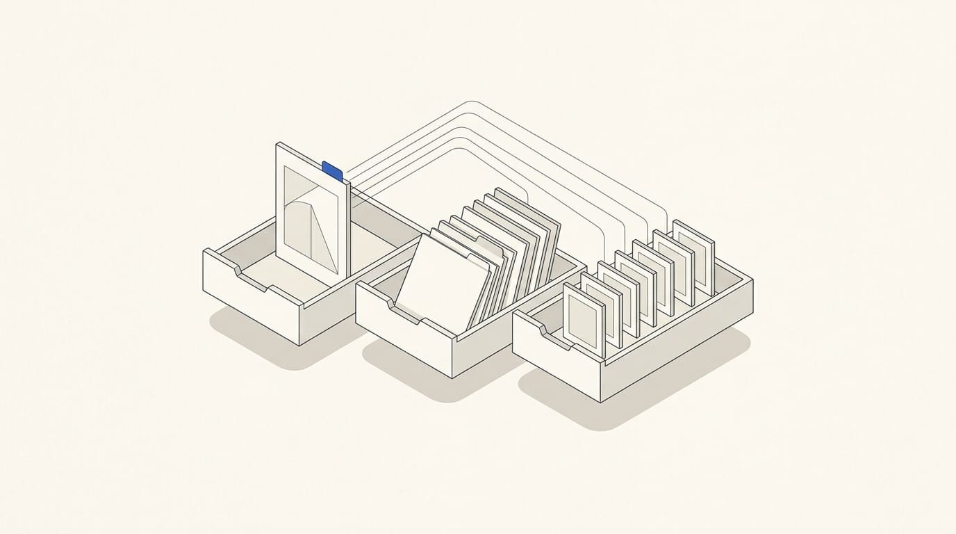 Three library drawers hold an original image plate, working variants and final frames linked back to the source.