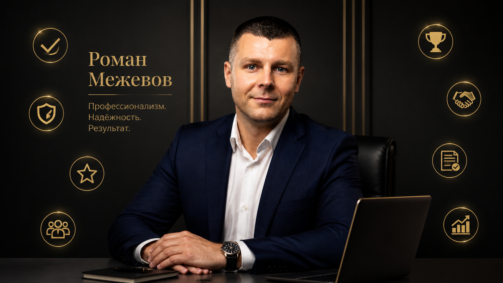 Портрет Романа Межевова с иконками доверия вокруг: галочка, щит, звёздочка, рукопожатие, часы, документ, график, сообщение