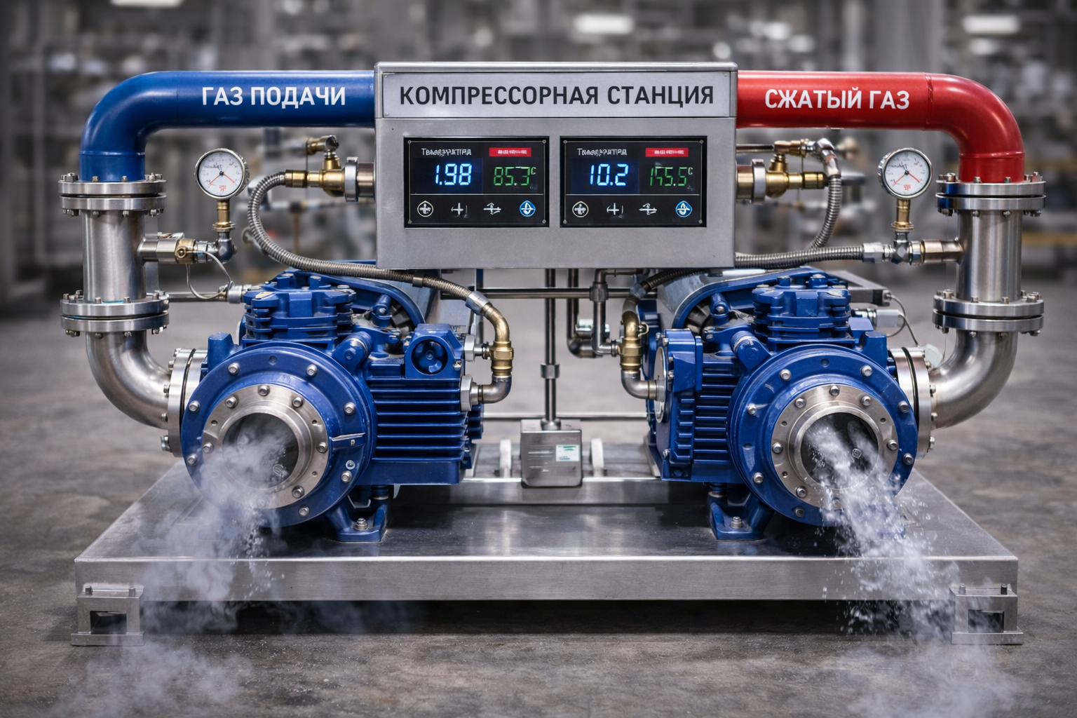 Вакуумная станция с насосами, трубопроводами и резервуарами, установленная на металлической раме в промышленном помещении.