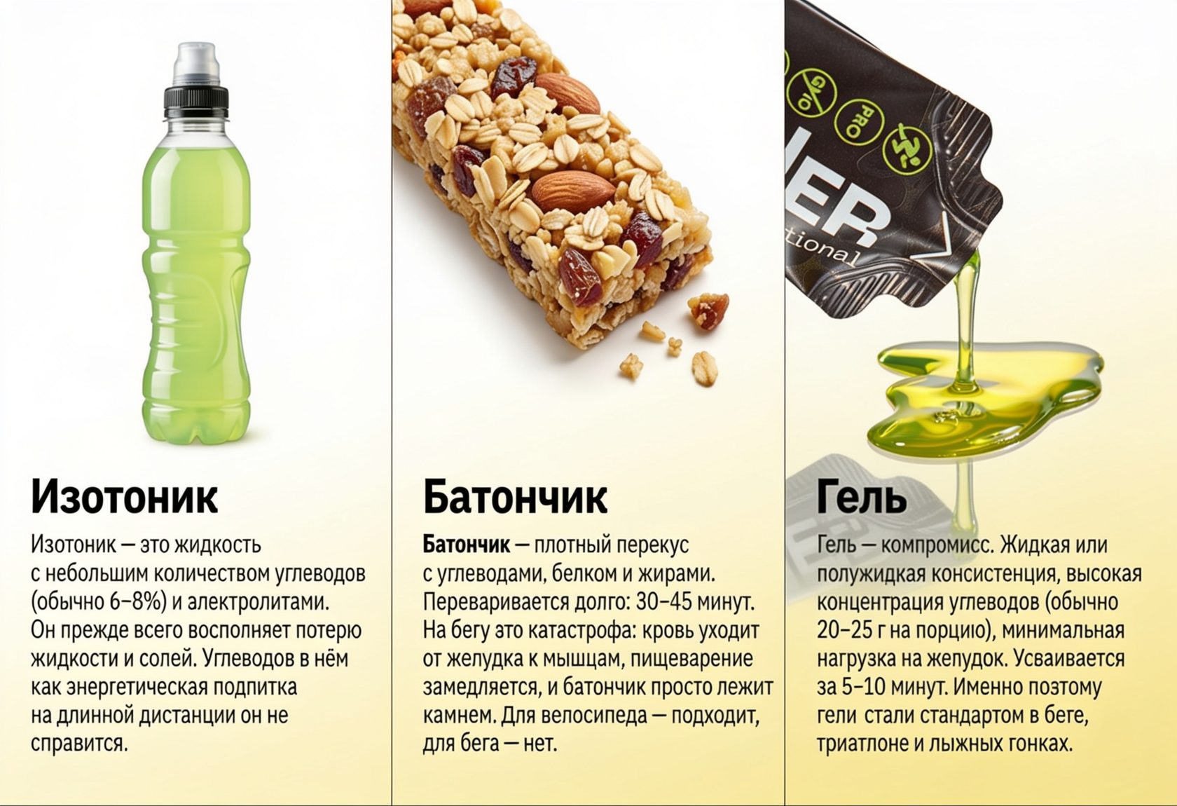 сравнение характеристик изотоника, злакового батончика и энергетического геля