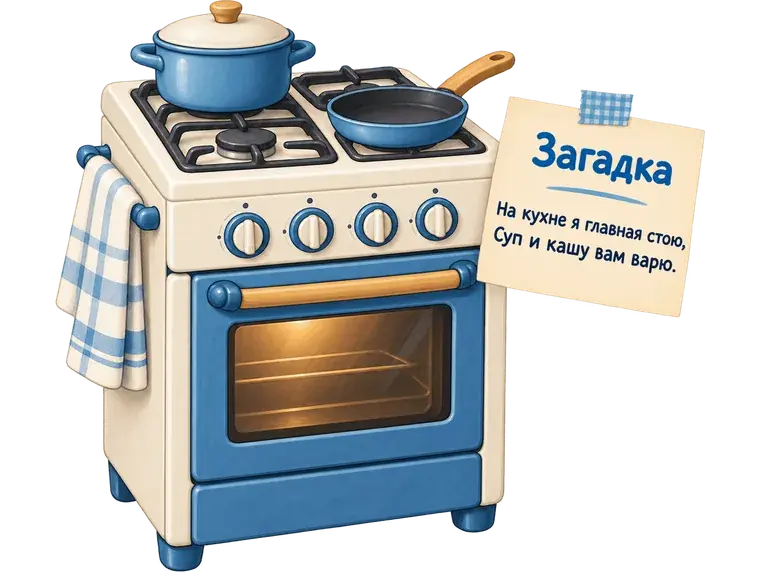 Кухонная плита с духовкой, кастрюлей и сковородкой и записка-загадка для домашнего квеста