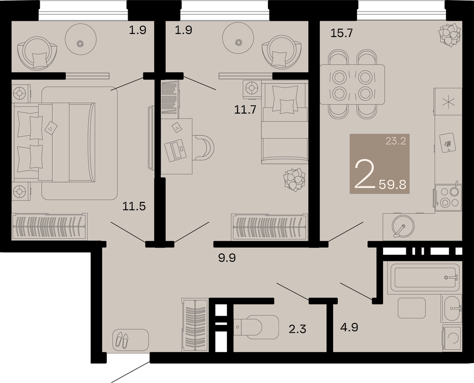 Двухкомнатная квартира 59.8 м²