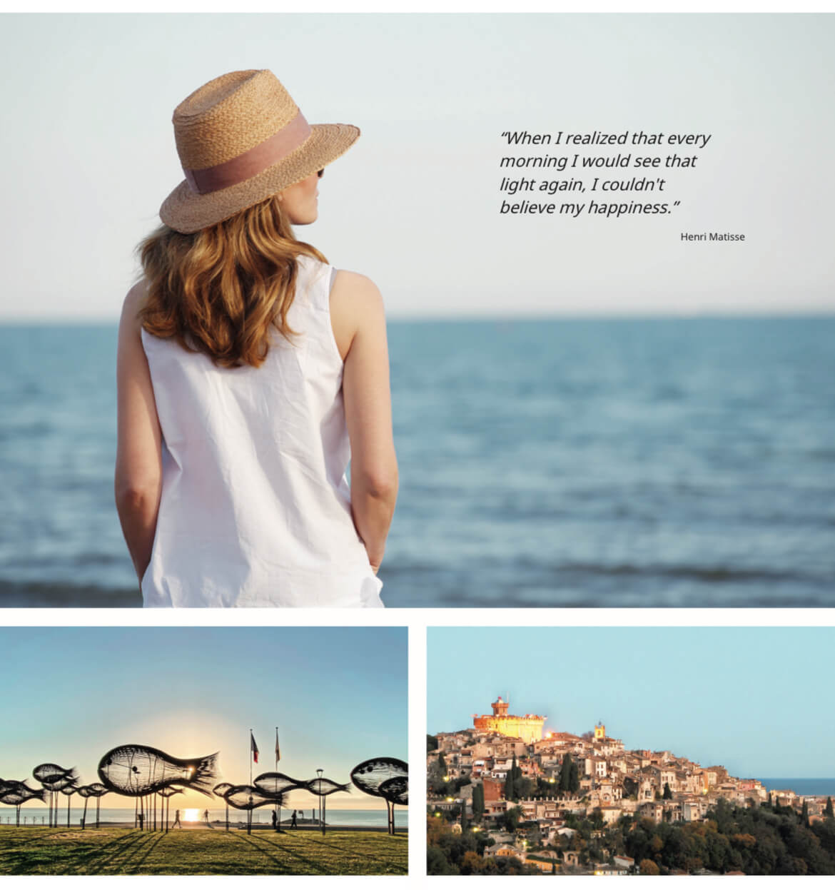 A girl in an elegant hat sits with her back to the camera, gazing out at the sea. On the left below is an exquisite sculpture of fish, and on the right is the picturesque old town of Cagnes-sur-Mer.