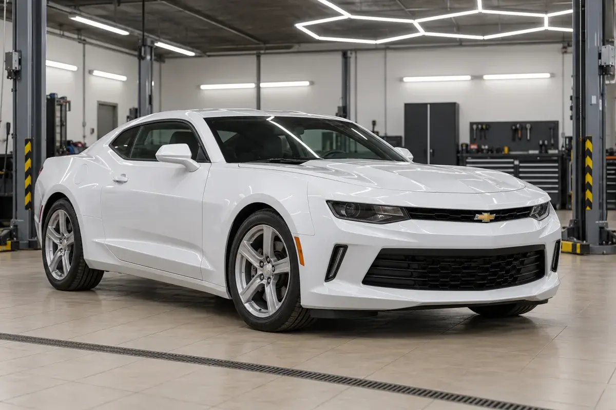 Иллюстрация: белый Chevrolet Camaro в ремзоне