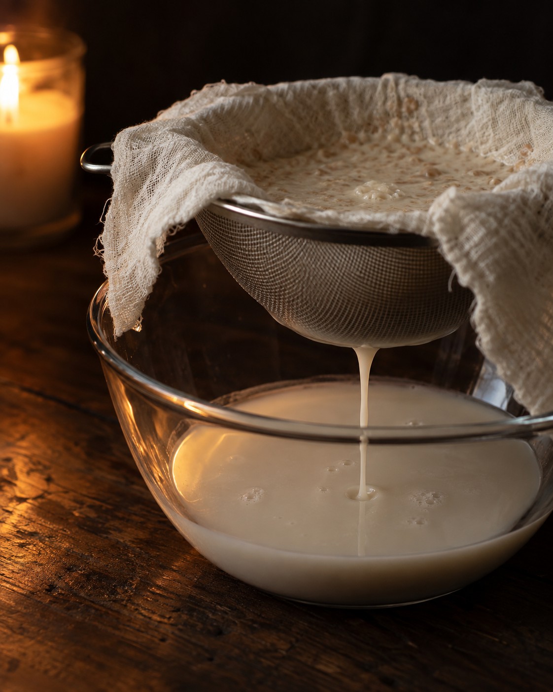 Blended oat milk straining by gravity through a cloth-lined sieve into a glass bowl