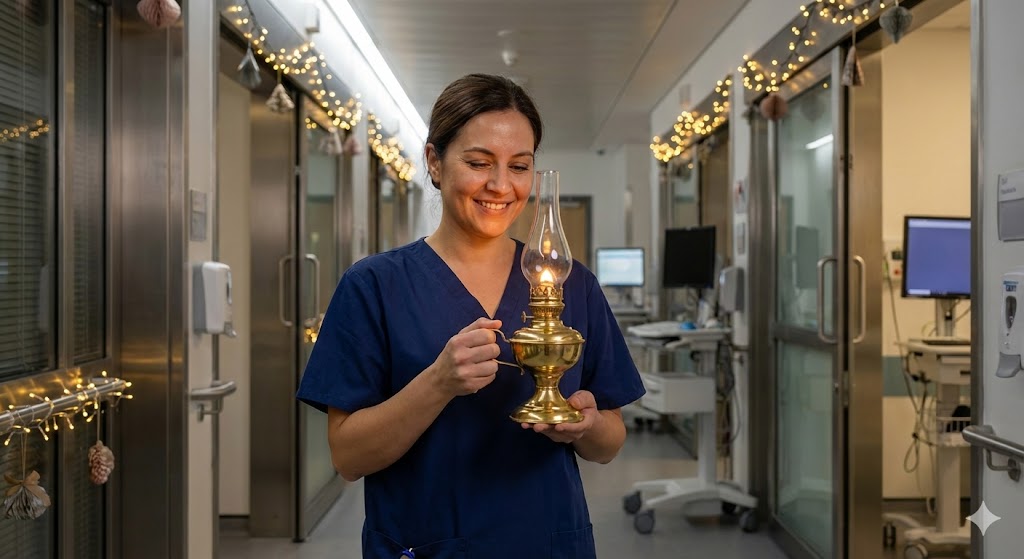 Медсестра с символической лампой Флоренс Найтингейл в коридоре больницы 12 мая