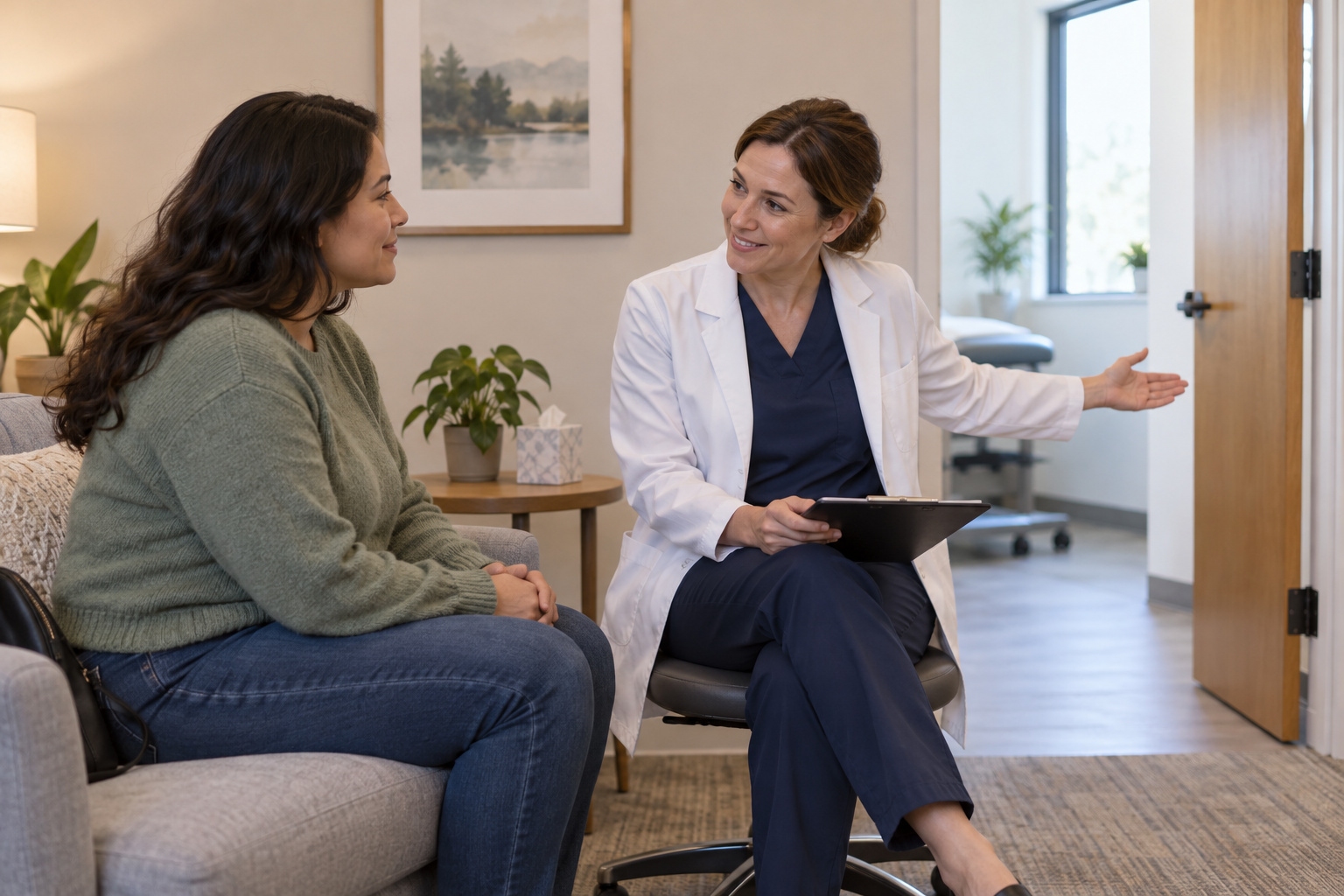 Клиентка и специалист обсуждают порядок визита в отдельном кабинете.