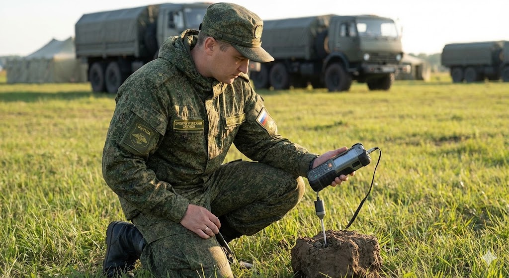 Военный эколог проводит мониторинг окружающей среды на полигоне в профессиональный праздник 15 июля.