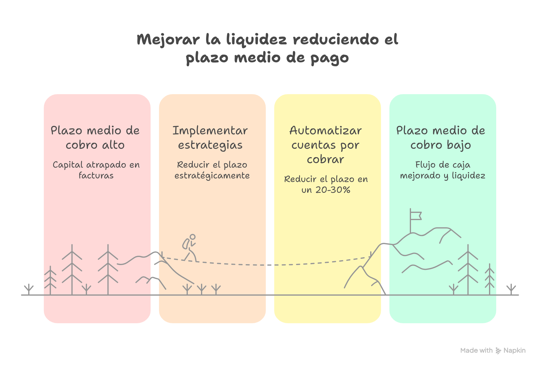 Infografía sobre cómo mejorar la liquidez empresarial reduciendo el plazo medio de cobro. El proceso comienza con un plazo alto que mantiene capital atrapado en facturas. Al implementar estrategias específicas y automatizar cuentas por cobrar, las empresas pueden reducir los plazos en un 20-30%. El resultado es un plazo medio de cobro bajo, con flujo de caja mejorado y mayor liquidez financiera.