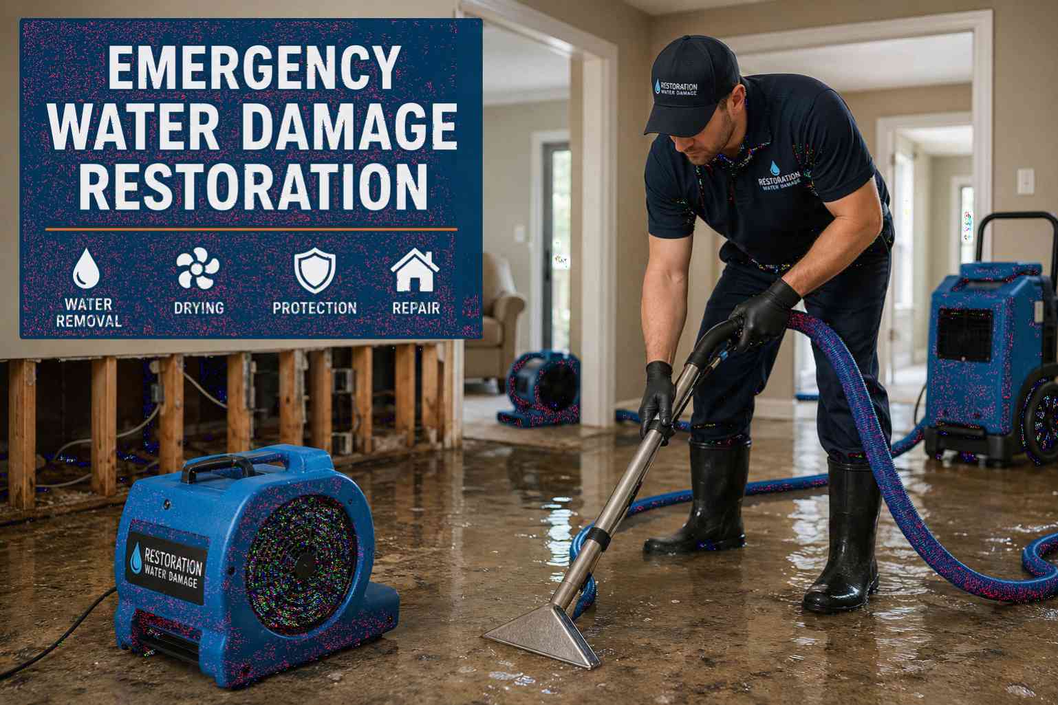 Emergency water damage restoration technician performing urgent water removal in a flooded home with drying equipment