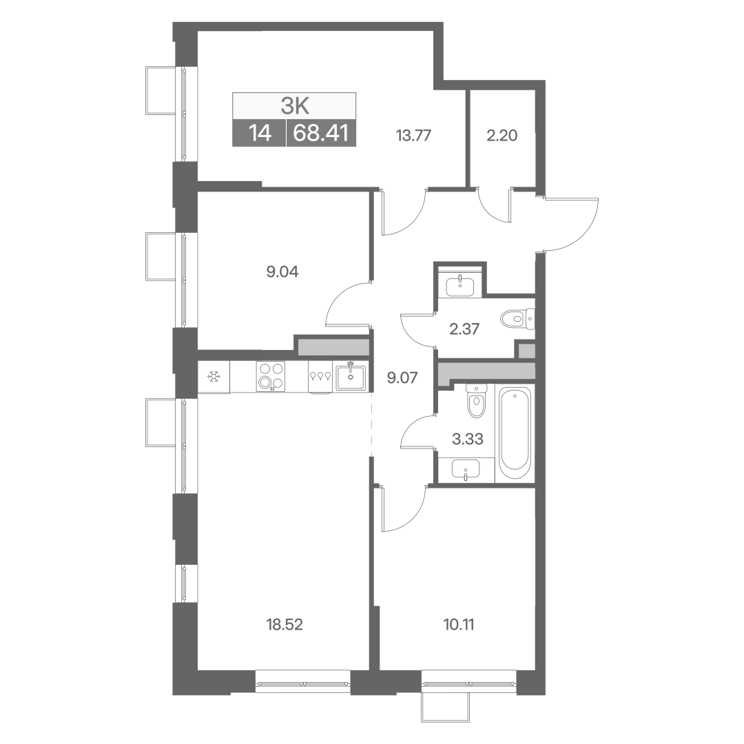 Планировка трехкомнатной квартиры 68.41 м² в ЖК Новая Львовская