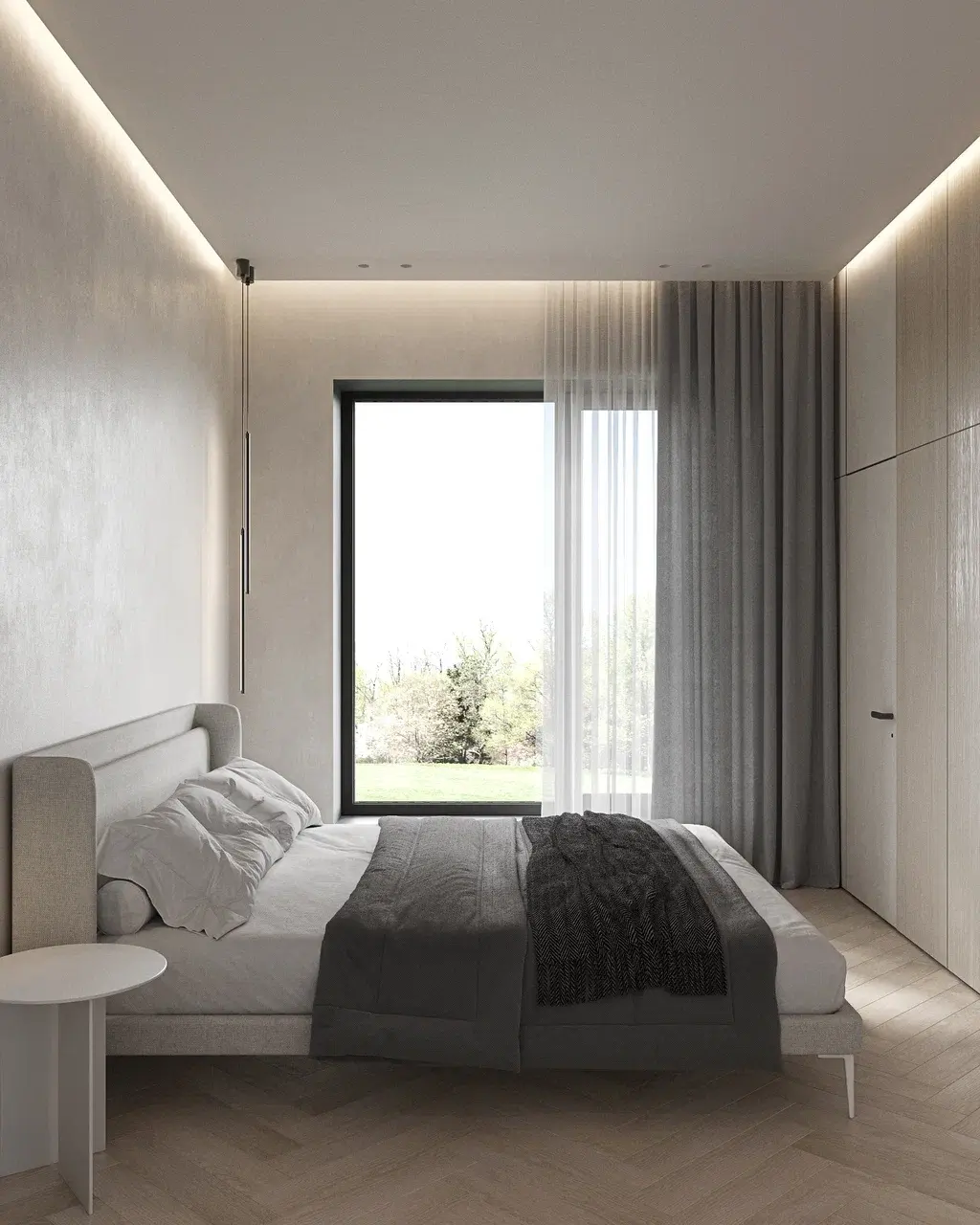 двуспальная кровать на фоне акцентной стены терракотового цвета