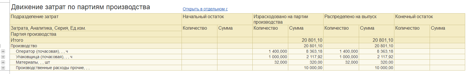 1С Комплексная автоматизация 2: движение затрат по партиям производства группировка до затраты или статьи расходов
