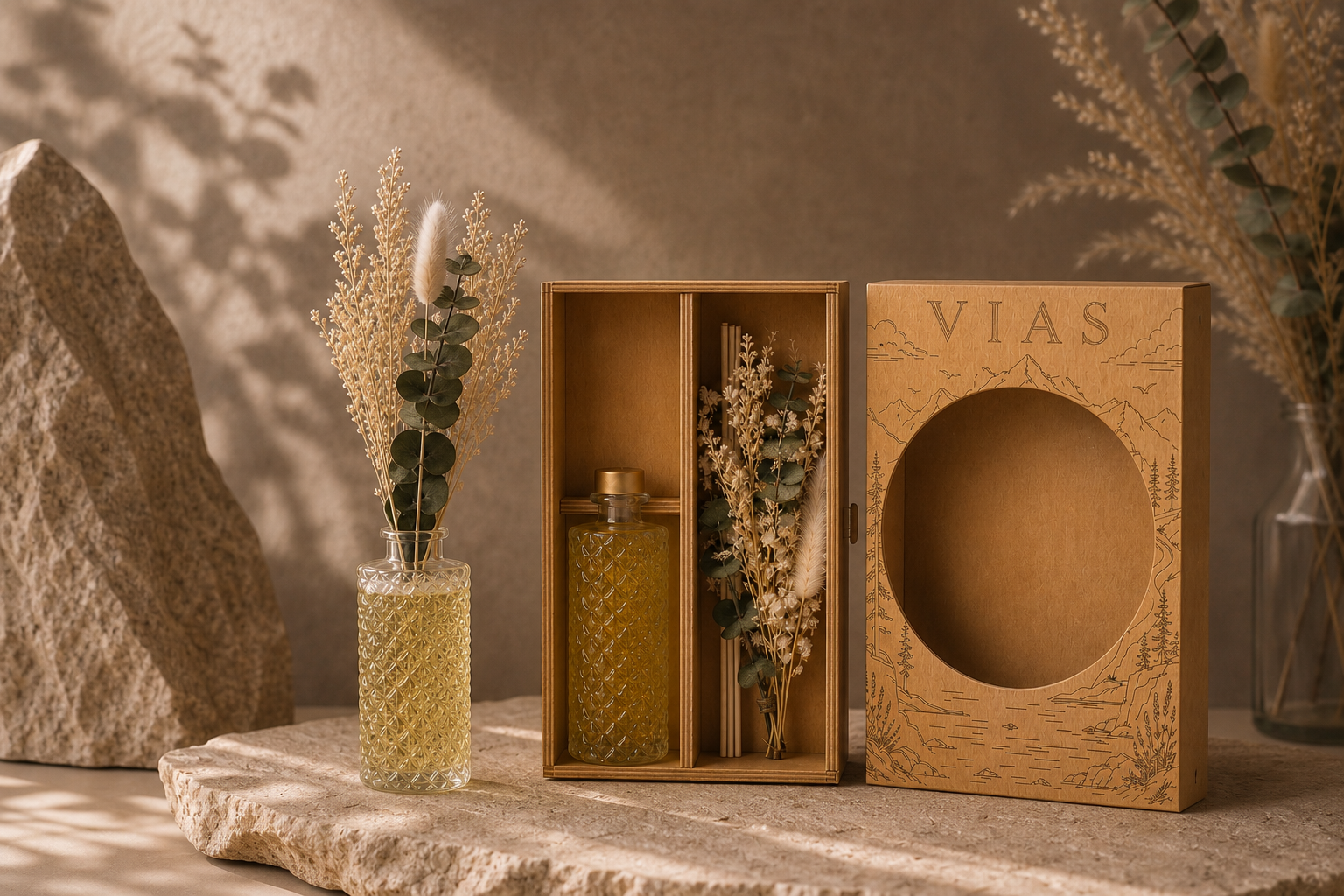 Флакон, палочки, сухоцветы и деревянная коробка VIAS