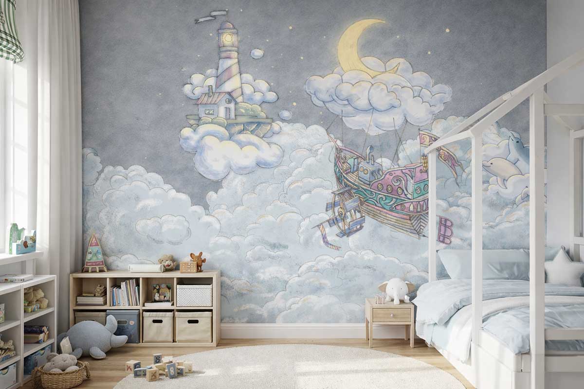 детские фотообои летающий корабль в облаках в интерьере детской комнаты