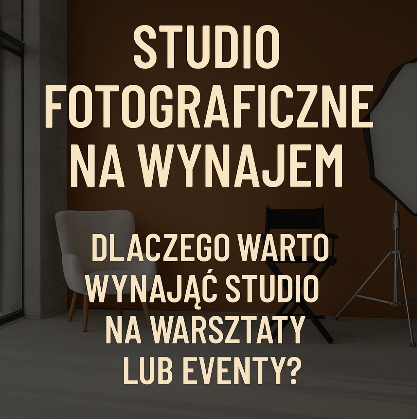 wynajem studia fotograficznego na eventy i warsztaty w Gdańsku. Na tle nowoczesnego wnętrza znajduje się duży napis w języku polskim: ‘Studio fotograficzne na wynajem – eventy i warsztaty’. Obraz oddaje atmosferę profesjonalizmu, światła studyjnego i krea