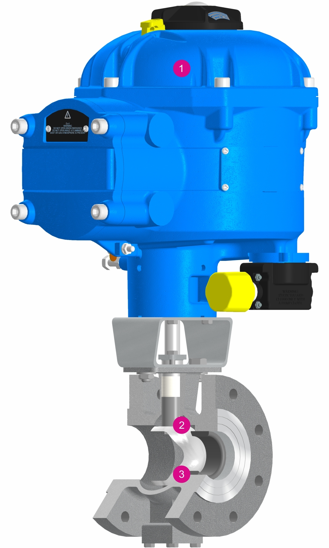 Конструкция сегментного регулирующего клапана с V-образным вырезом Solidna Солидна в разрезе c электроприводом Rotork CVQ. Шаровой сегмент с V-образным вырезом обеспечивает равнопроцентную регулирующую характеристику и высокую пропускную способность.