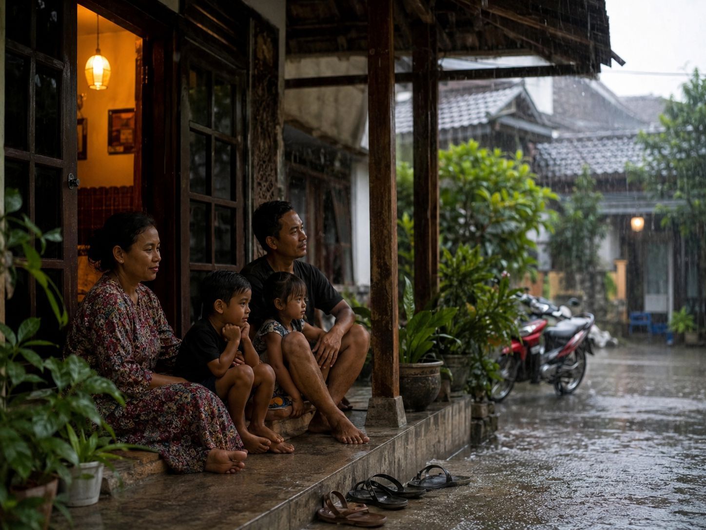 keluarga Indonesia menunggu hujan reda di teras rumah