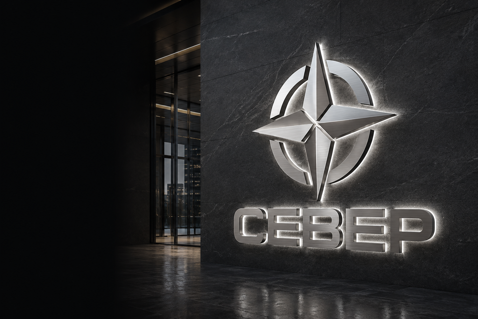 3D-рендер объёмного логотипа СЕВЕР из шлифованной нержавейки с белым контражуром