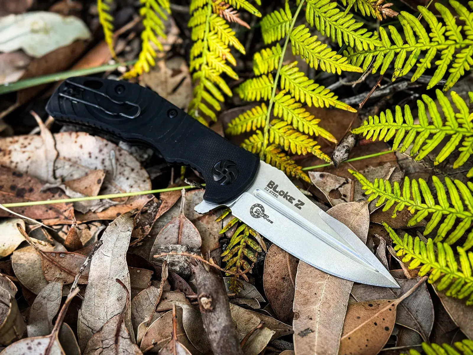 Black Kizlyar Supreme Bloke Z folding knife open among autumn leaves