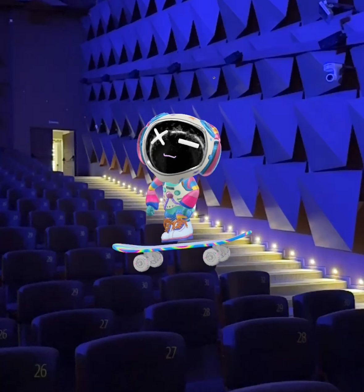 Colourful AR astronaut character on a skateboard above the seats of an auditorium.