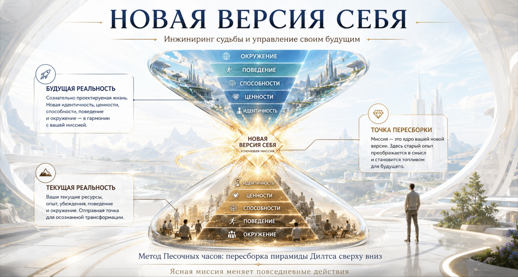 Метод Песочных часов: два конуса с уровнями пирамиды Дилтса — Идентичность, Ценности, Способности, Поведение, Окружение — соединённые точкой «Новая Версия Себя / ключевая миссия»