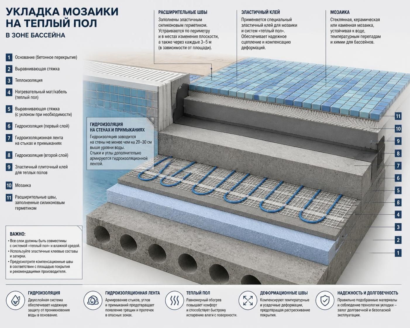 Укладка мозаики на теплый пол