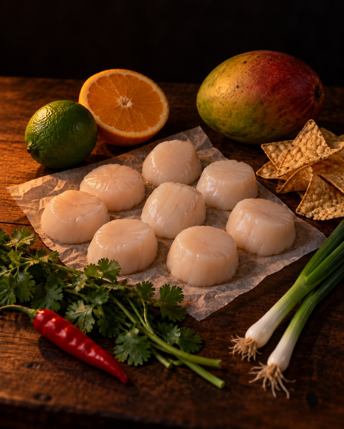 Ingredients for scallop ceviche: raw sea scallops, a lime and half an orange, a fresh chili, cilantro, green onions, a ripe mango and tortilla chips on a dark wood table
