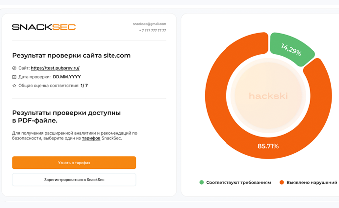 Результат бесплатной проверки сайта Snacksec