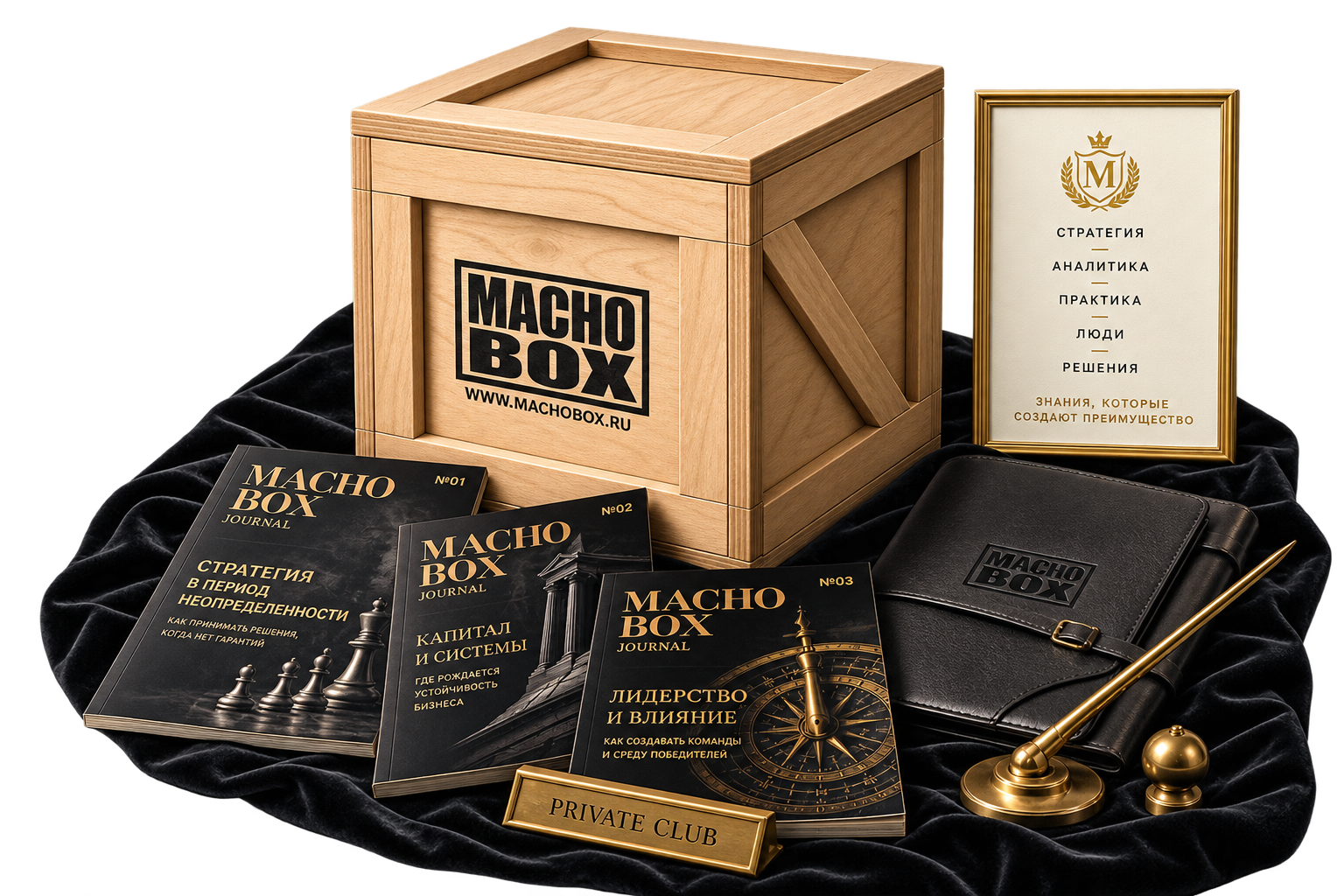 Журнальная композиция MACHO BOX с деревянным ящиком, выпусками MACHO BOX Journal и премиальными деловыми аксессуарами