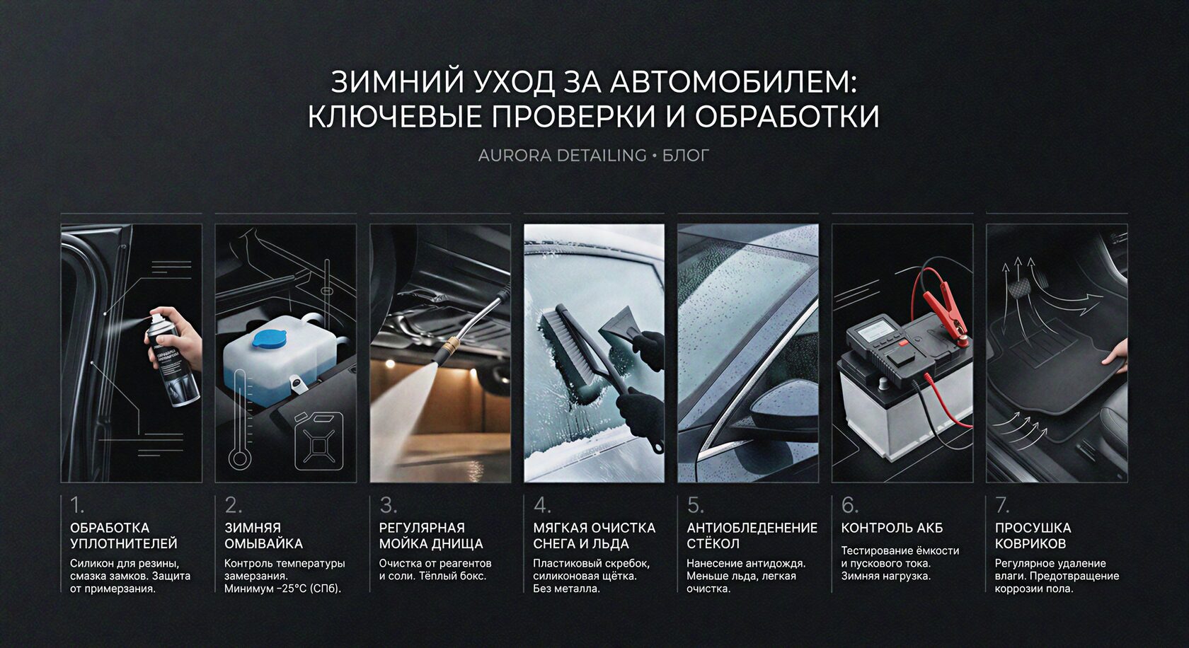 Инфографика зимнего ухода за авто: ключевые проверки и обработки