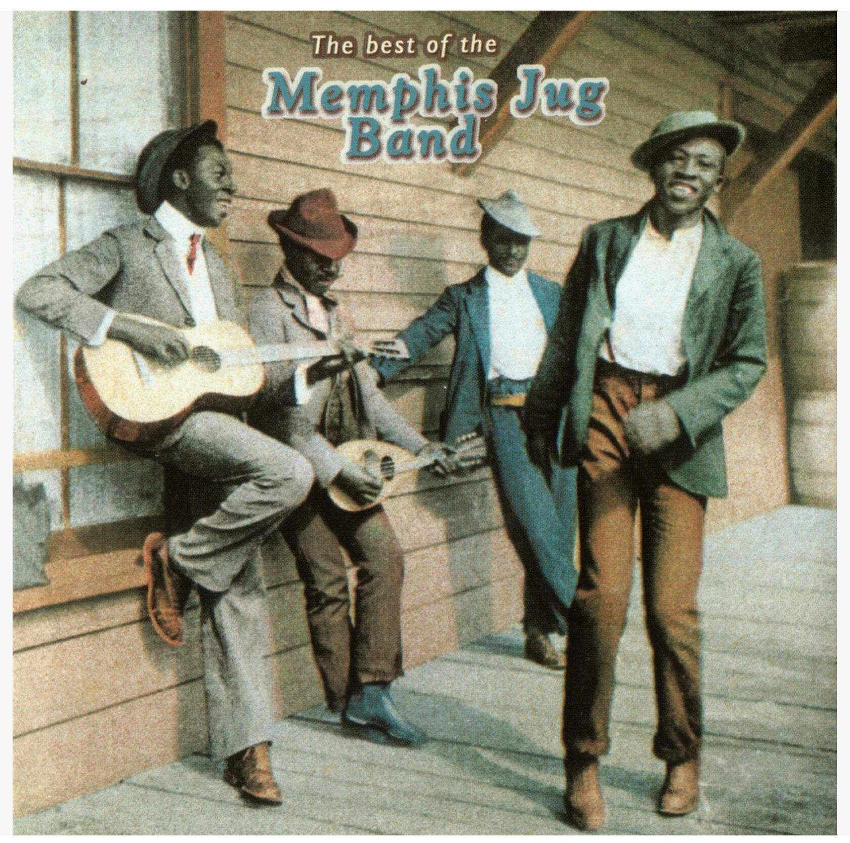 Обложка сборника «The Best of the Memphis Jug Band» — четверо музыкантов у дощатой стены