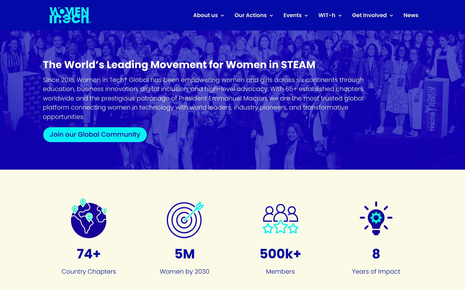 Women in Tech Global homepage screenshot: worldwide movement for women in STEAM