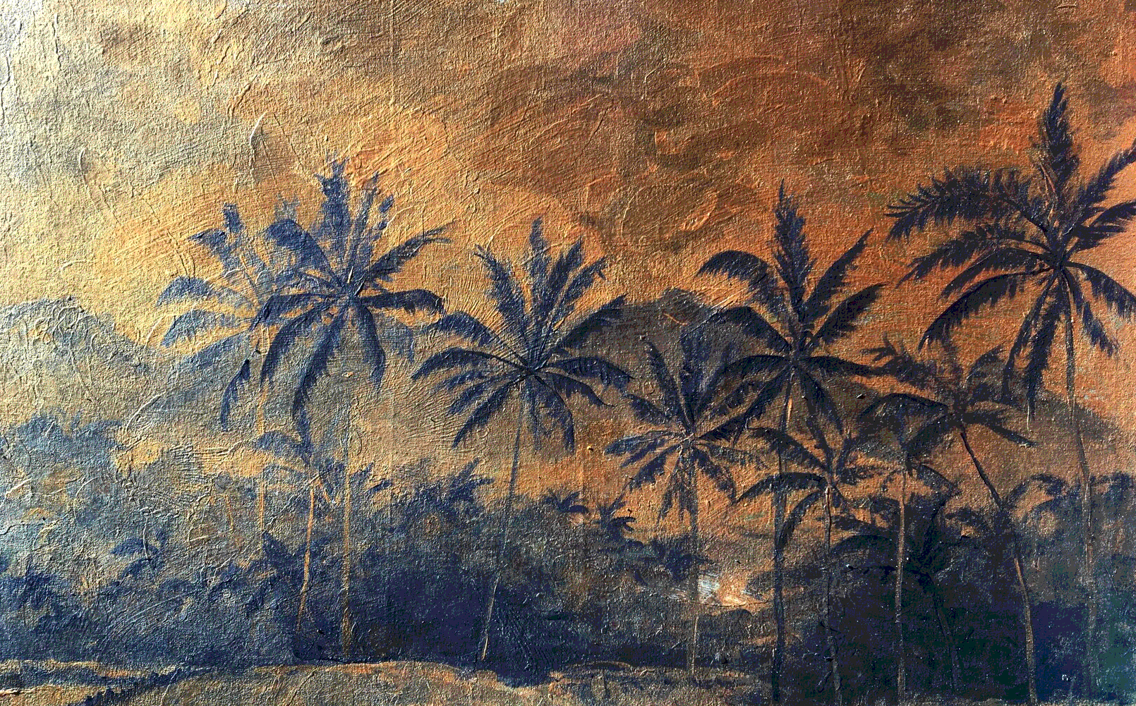 Coastal landscape with palm trees, gold leaf sky meeting deep blue ocean
