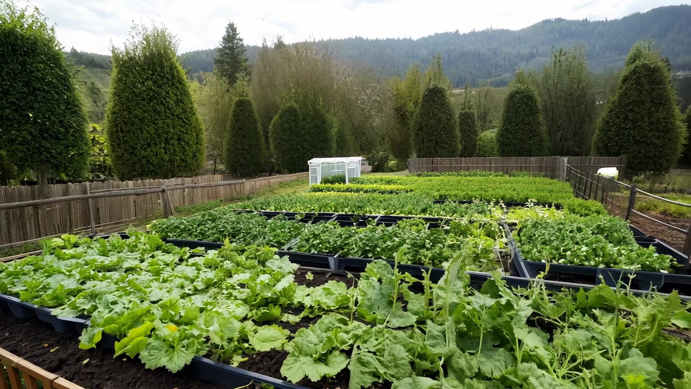 Lush vegetable garden with raised beds featuring healthy greens and herbs, emphasizing crop rotation and sustainable gardening practices.