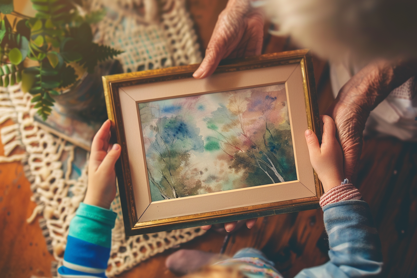 руки двух поколений держат картину как символ семейного наследия.