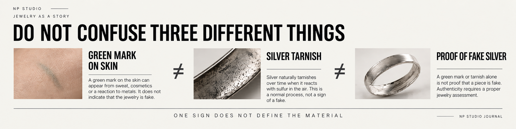 Green mark on skin, silver tarnish and proof of fake silver are three different things