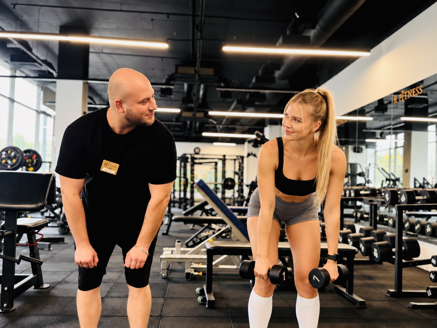 Евгений Кожуховский обсуждает выполнение упражнения с клиенткой в R FITNESS