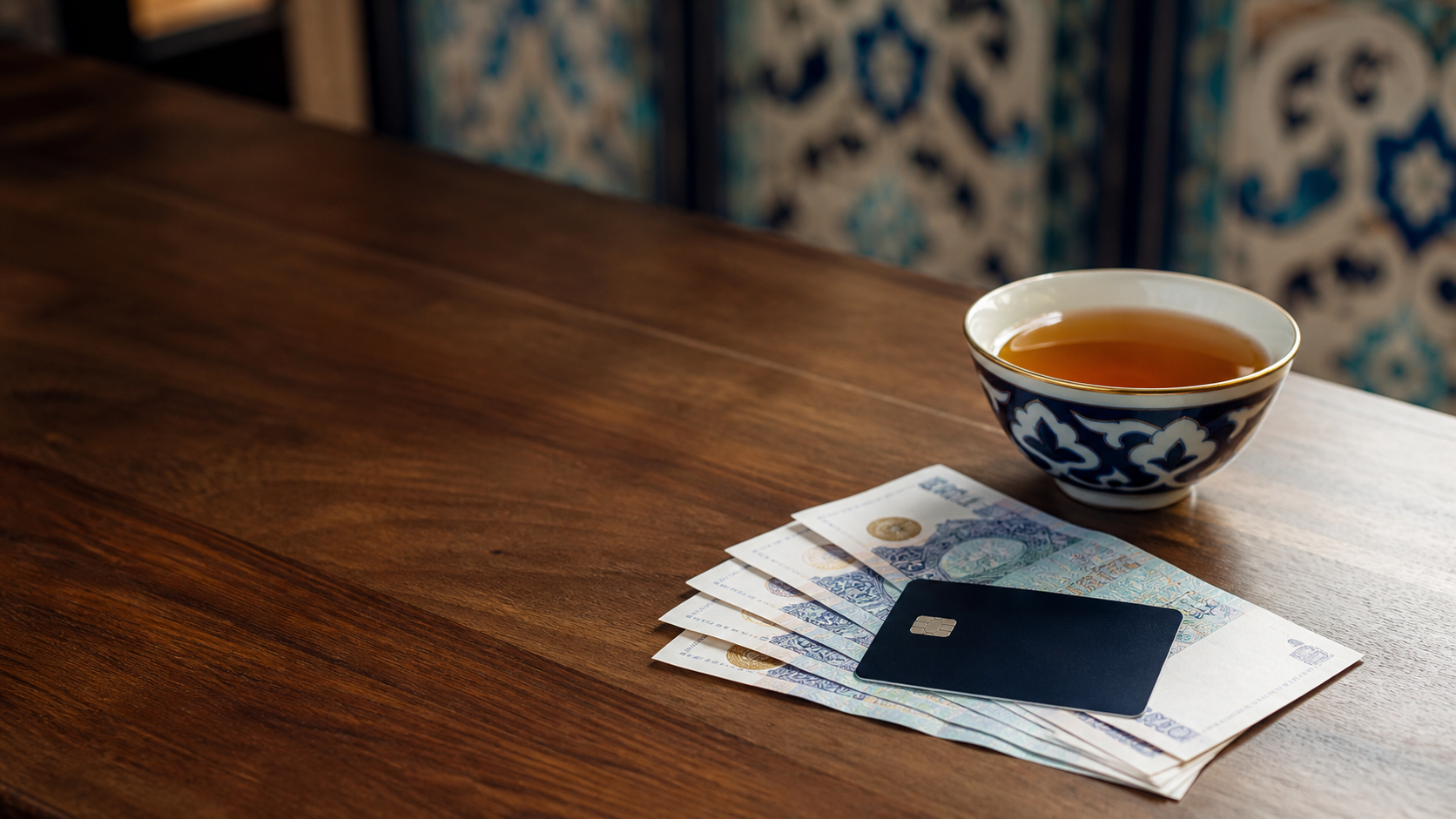 Uzbek som banknotes and a bank card beside a traditional tea bowl on a wooden table
