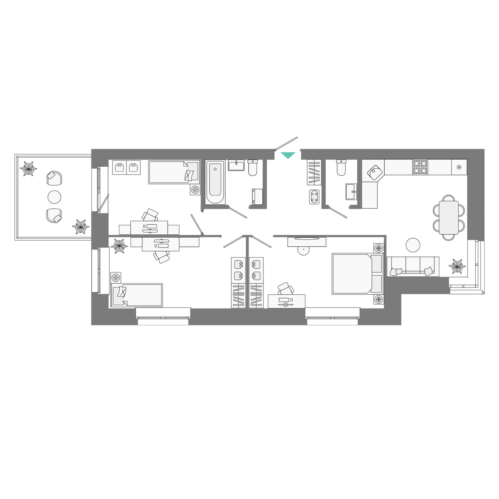 3-комнатная с террасой 74,23 м²