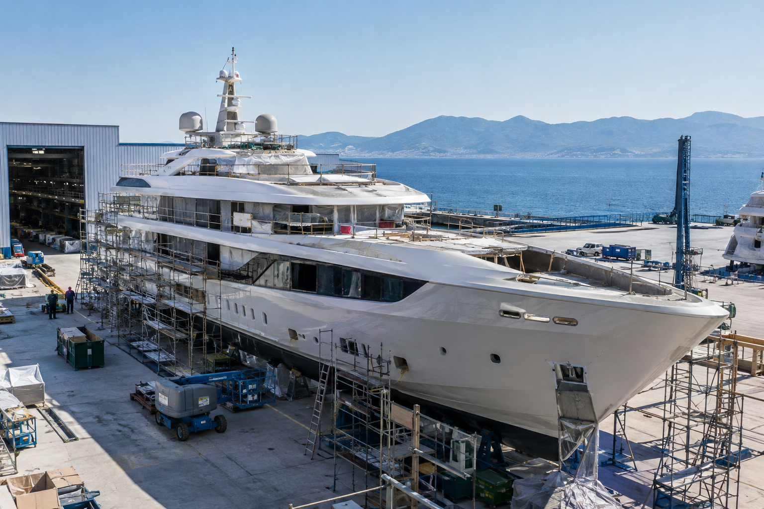 A large superyacht under construction inside a Turkish shipyard, surrounded by scaffolding with the Aegean coast in the background