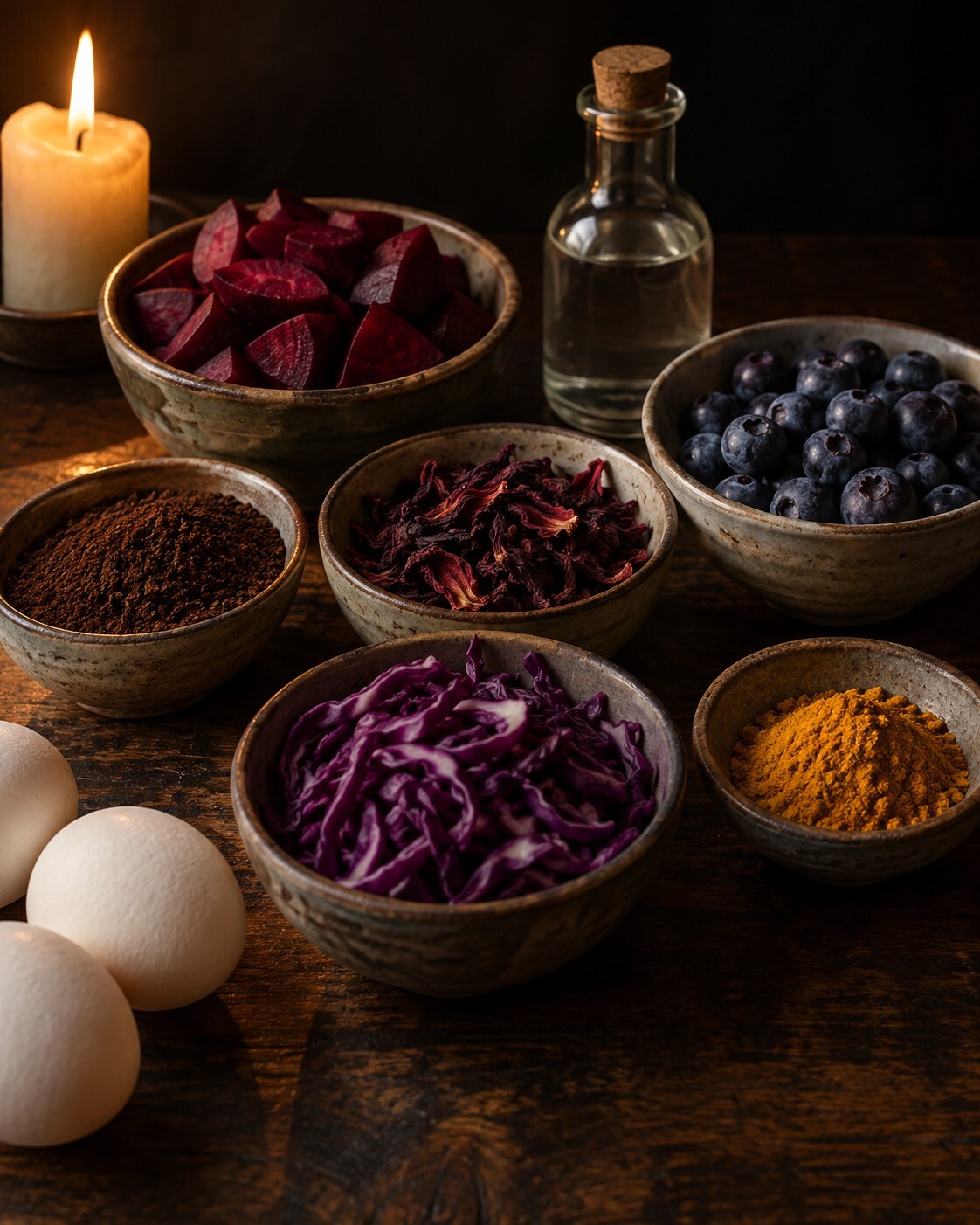 Natural egg dyes laid out: chopped beets, blueberries, hibiscus tea, ground coffee, red cabbage and turmeric in small bowls with white eggs and a bottle of vinegar