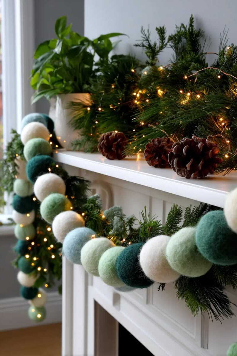 Гирлянда из шерстяных шариков с эффектом омбре, переходящим от сосново-зеленого к снежно-белому цвету.