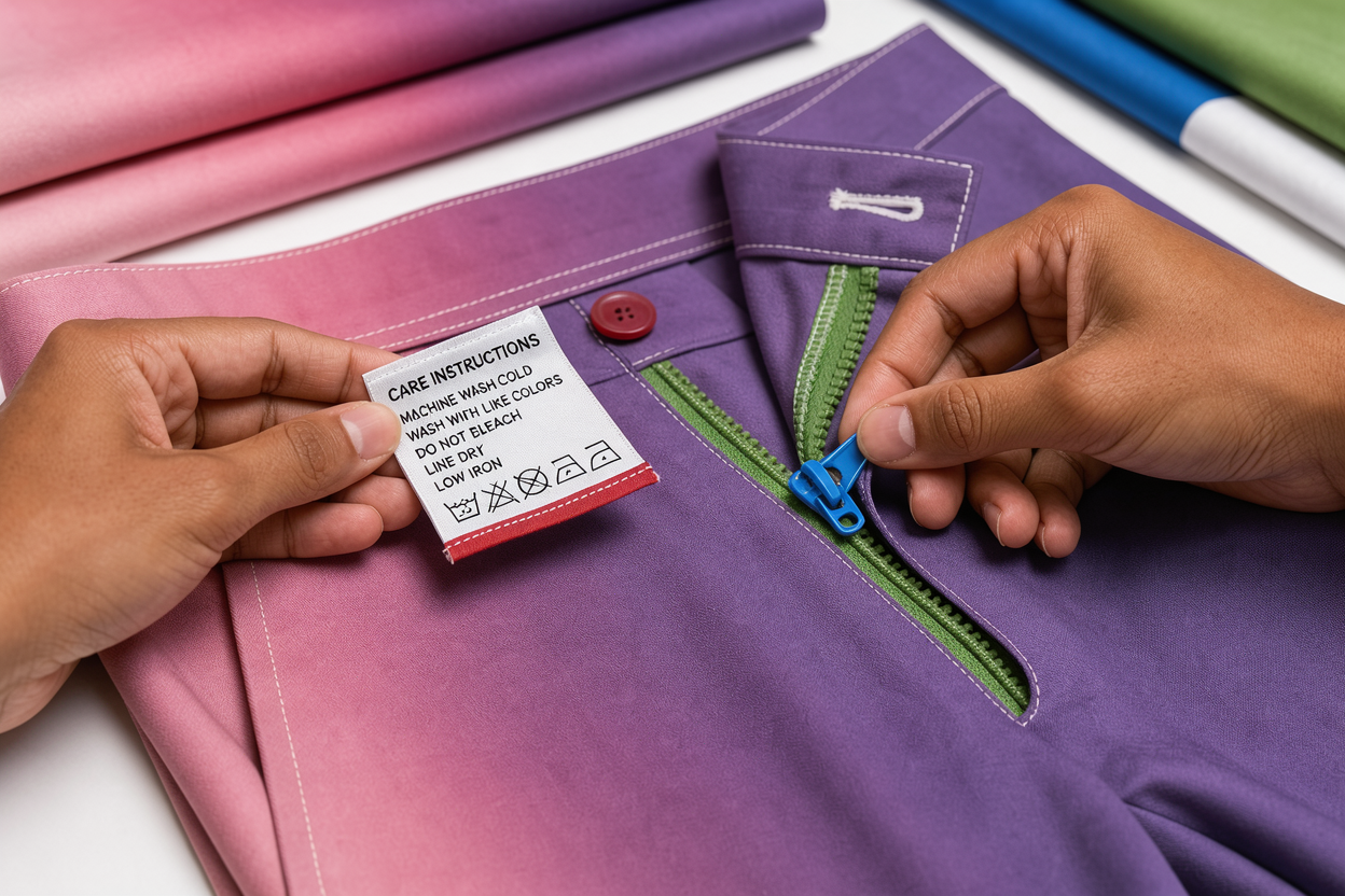 close-up of hands checking a clothing care label and fastening a zipper on a pair of trousers