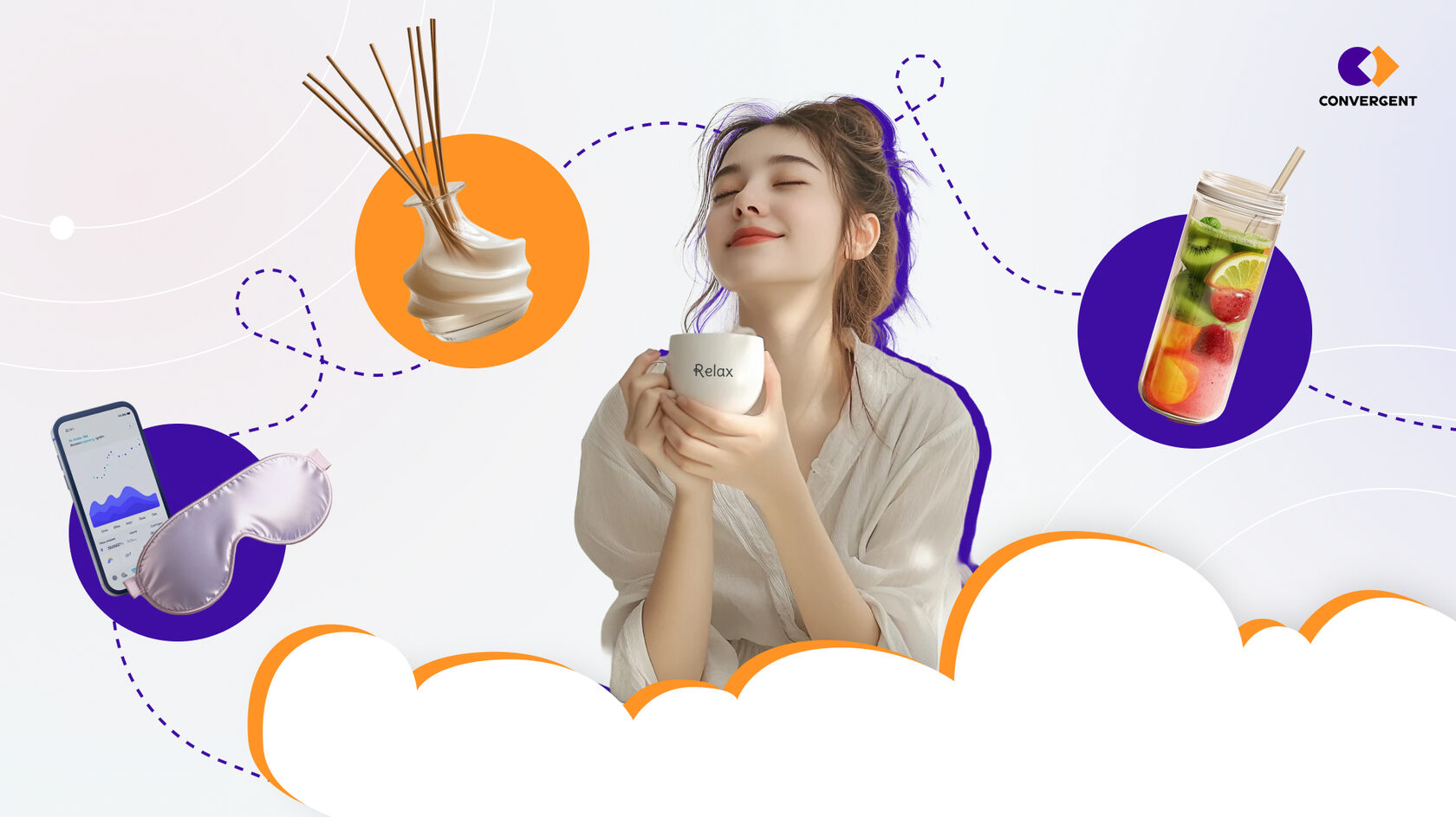 Девушка с чашкой чая, вокруг неё атрибуты ЗОЖ