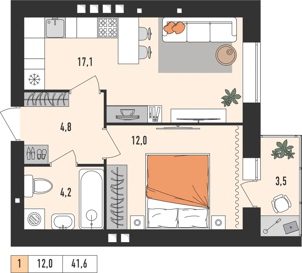 Планировка однокомнатной квартиры площадью 41,6 м²