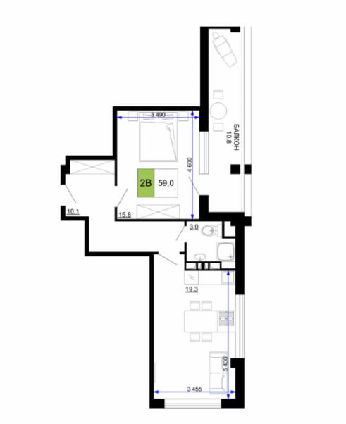Планировка 2-комнатный 59 м²